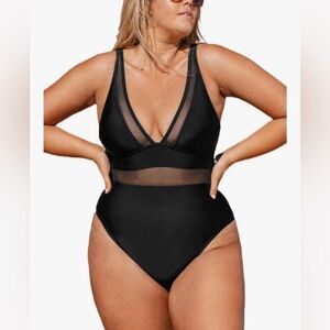 CUPSHE Women Plus Size One Piece Swimsuit V Neck Mesh Sheer Tummy Control E36